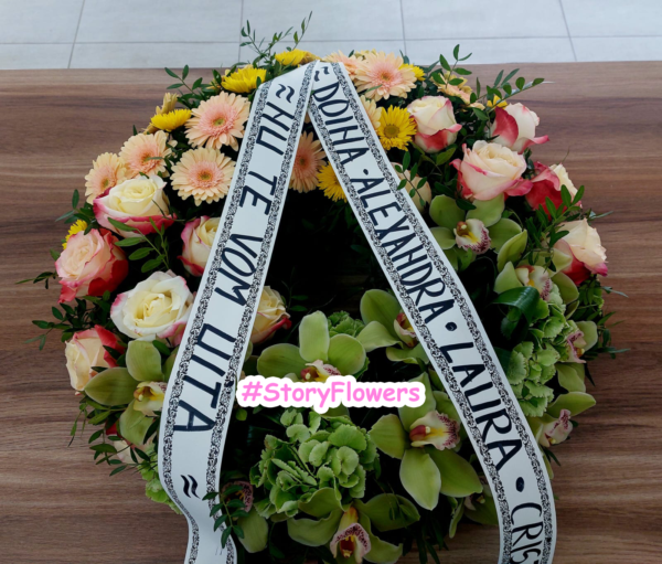 Coroană funerară cu cymbidium și trandafiri - imagine 2