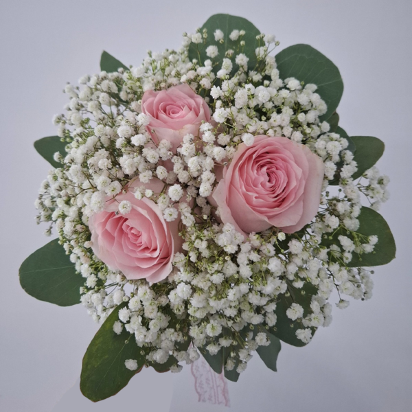 Buchet mireasă / nașă cu trandafiri roz și gypsofilla