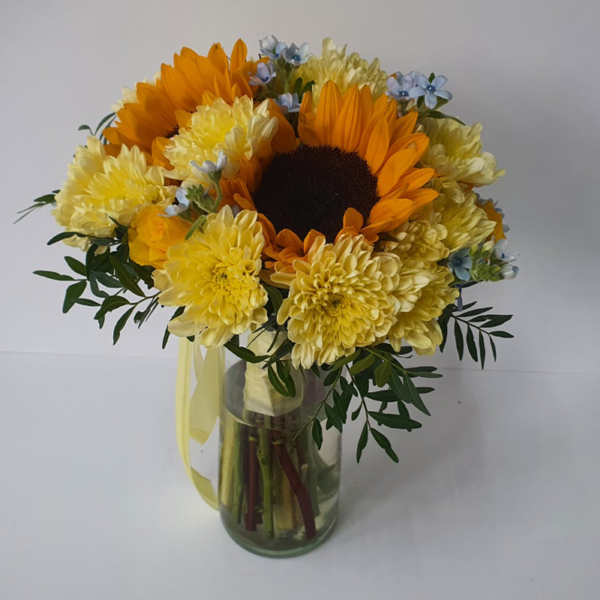 Buchet de nașă cu floarea soarelui și oxipetalum bleu